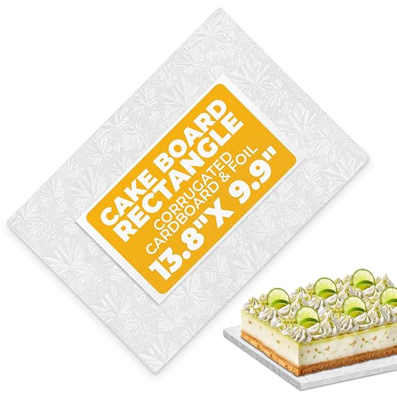 Cake Board Rectangle 13.8" x 9.9"x1/2" Quarter Sheet Cake Drum with Double-Wall Corrugated Design, Grease-Resistant Foil, Smooth Edges White Display for 4th of July Cakes, Pastries & Desserts