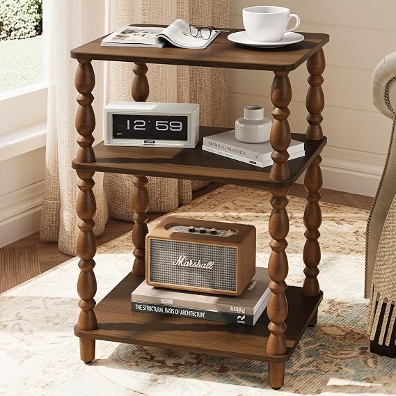 Yoobure Small Side Table - Vintage End Tables Living Room with Spindle Legs, Accent Night Stand with 3-Tier Storage Shelf, Wood Nightstand for Bedroom, Bedside Table for Narrow Spaces, Walnut