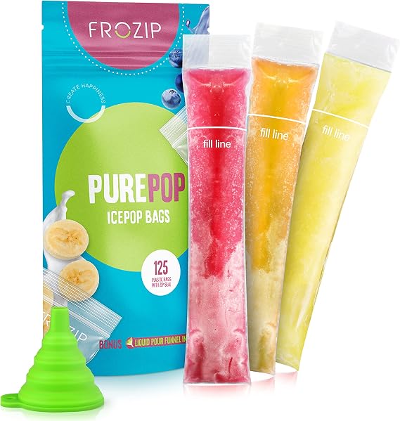 Disposable Ice Popsicle Mold Bags - 125, BPA Free Freezer Tubes, Zip Seals | Includes Funnel, Multiple Sizes For Healthy Snacks, Yogurt Sticks, Juice & Fruit Smoothies, Ice Candy Pops