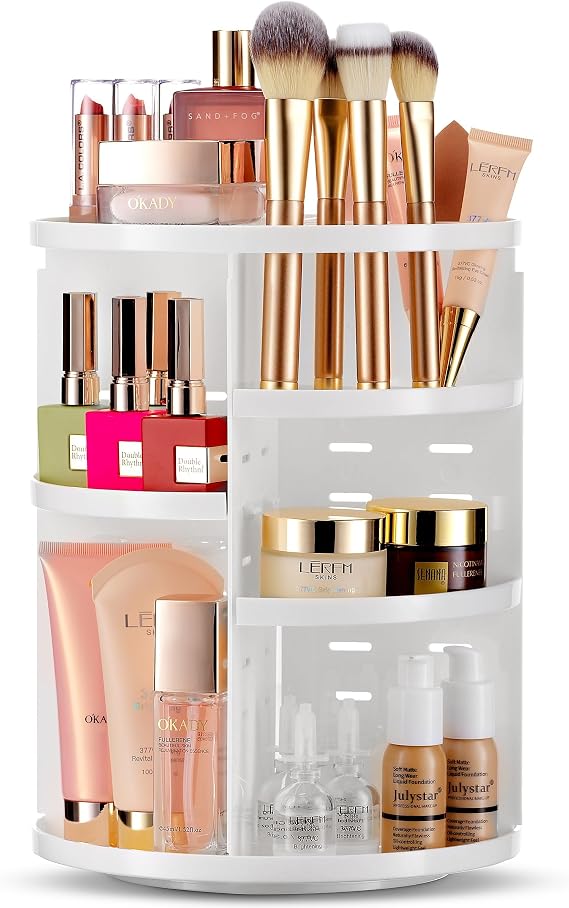 Masirs 360 Rotating Makeup Organizer Countertop, Adjustable Shelf, White