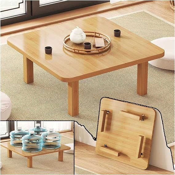 Square Japanese Folding Tea Coffee Tables for Tatami Sitting On The Floor, Floor Adjustable Low Table, Foldable Laptop Kotatsu Dining Meditation Bay Window Table,Wood,D1.5xW31.5xH10.6