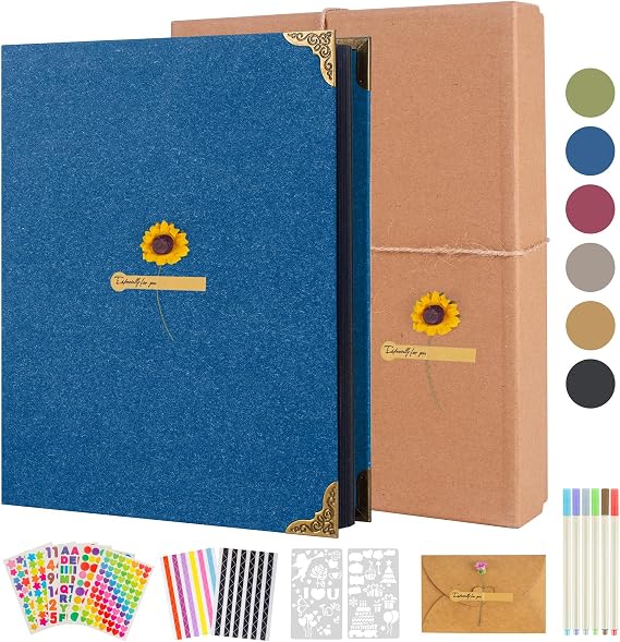 AIOR Photo Album Scrapbook 60 Pages Hardcover 11x8.3 Inch Scrapbook Album with DIY Scrapbooking Kit 3 Rings Black Paper Scrapbook for Memory Book Friends Christmas Wedding Gift