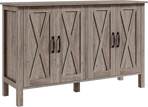 HOMCOM Buffet Cabinet, 47" Sideboard with 4 Barn Doors Gray Wood Grain