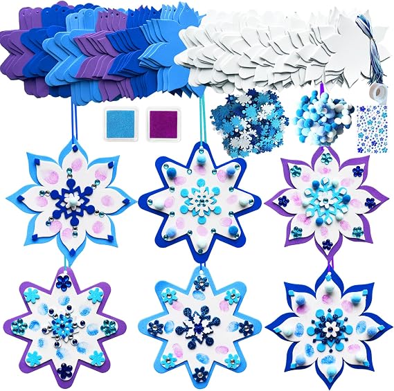 MLOLM 30-Set Thumbprint Snowflake Craft Kit, DIY Christmas Ornament Crafts | Thumbprint Snowflake Ornaments | Sticker Included | Winter, Christmas & Frozen-Themed Activities