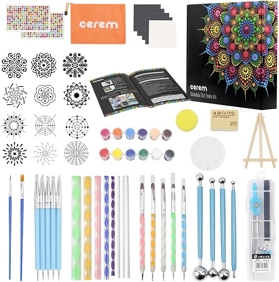 Mandala Dotting Tools Kit with Acrylic Paints and Reusable Stencils - Dot Art Set for Rock Painting, DIY Craft Project, Home Decor Drawing Activity