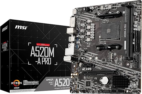 MSI A520M-A PRO Gaming Motherboard (AMD Ryzen 5000, AM4, DDR4, PCIe 3.0, SATA 6Gb/s, M.2, USB 3.2 Gen 1, DVI/HDMI, Micro-ATX)