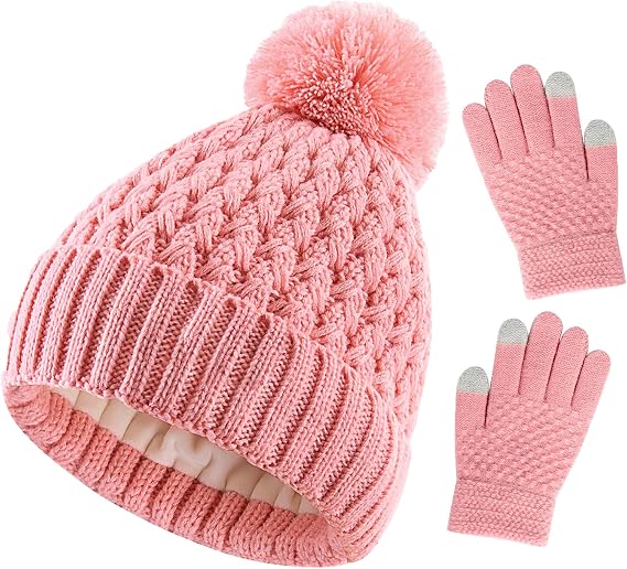 Kids Winter Hat and Gloves Set, Girl Warm Knit Beanie with Pom Fleece Lined for Toddler Boys Girls 1-6 Years