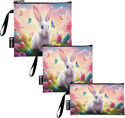 RPLIFE Whimsical Scene Cute White Bunny Washable Snack Bag and Sandwich Bags Reusable, Zipper Food Storage Pouch for School Office Travel Work Set of 3: SML