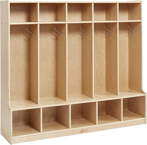 ECR4Kids 5-Section Coat Locker with Bench and Cubby Storage, Classroom Furniture, Natural