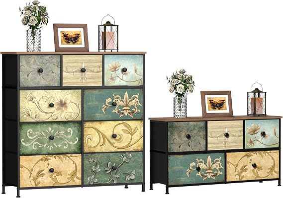 Tohomeor Dresser with Drawers for Bedroom Chest of Drawers Fabric Dresser for Closet,Nursery Entryway Hall Tree TV Stand for Living Room Retro Floral Pattern Drawers Wooden Top