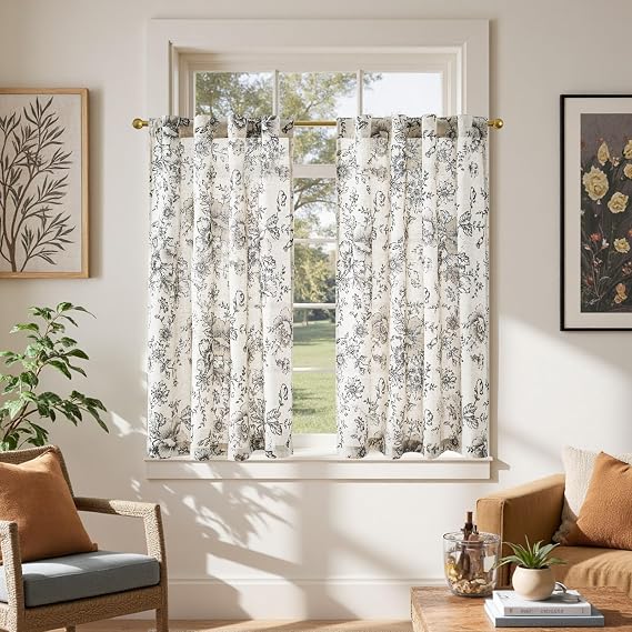 jinchan Linen Cafe Curtains 45 in Black Floral Back Tab Tier 2 Panels | Light Filtering Kitchen Half Window Drapes Rustic for RV Over Sink Living Room Bedroom Window Treatment