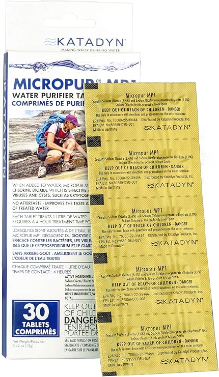 Katadyn Micropur MP1 Water Purification Tablets, 30 Count | Chlorine Dioxide Drinking Water Treatment, For Camping, Backpacking, International Travel & Emergency Preparedness