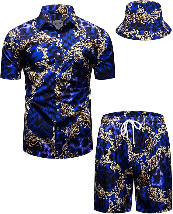 fohemr Outfit Men's Baroque 2-Piece Golden Chain Pattern Shirt Shorts with Bucket Hat Leisure Suit Summer Holiday Beach Set