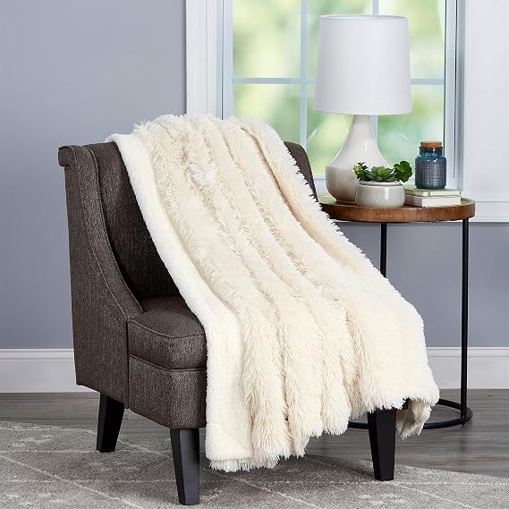 Throw Blanket for the Couch - Luxurious, Soft Faux Fur Fluffy Comforter - Hypoallergenic, Long Pile Blanket with Sherpa Back by Bedford Home (White)