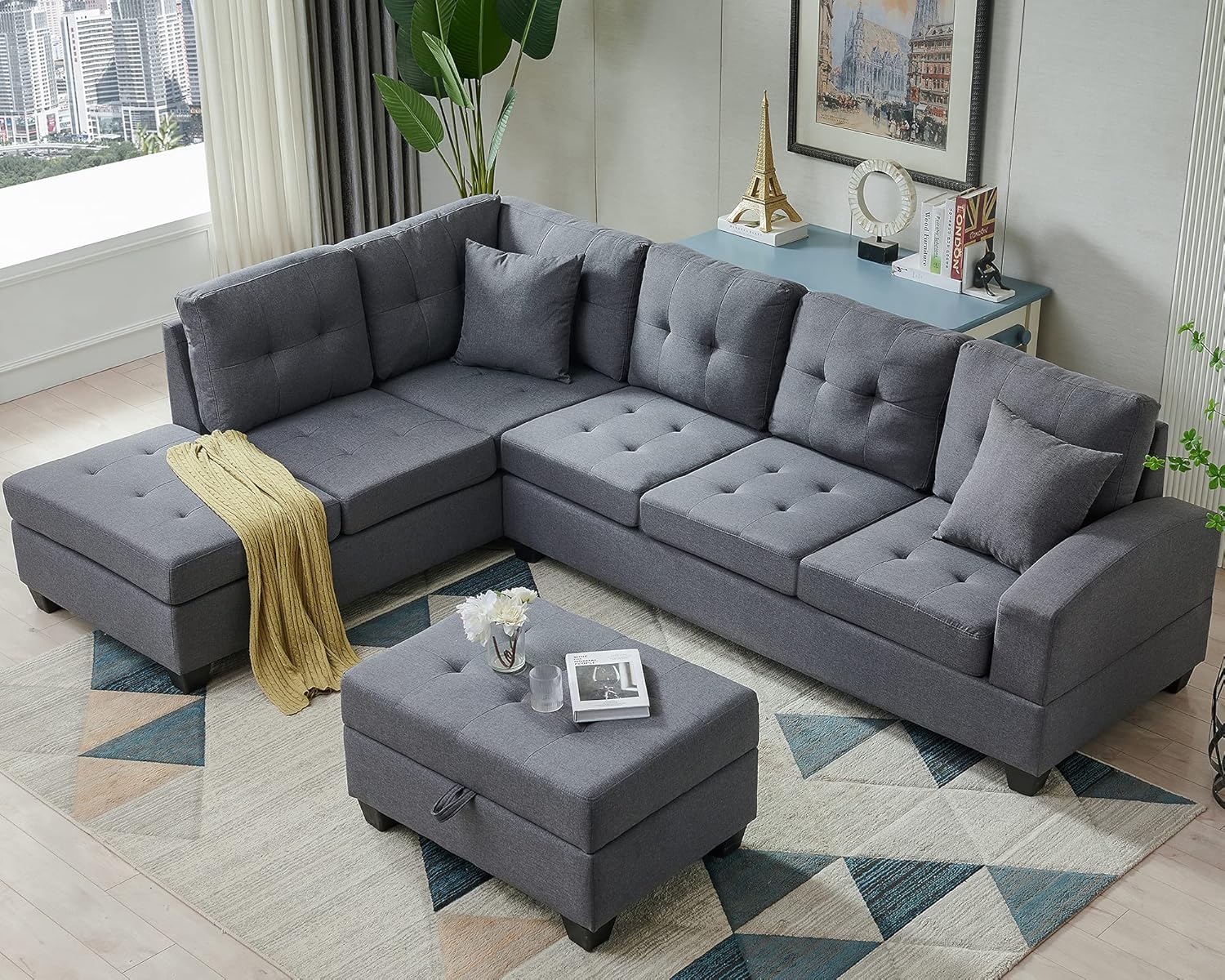 Tmosi L Shaped Sectional 3 Seat Sofa with Reversible Chaise, Storage Ottoman and Cup Holders,2 Pillows, Grey