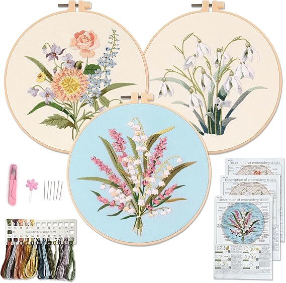 Myfelicity Embroidery Kit for Adults and Beginners, Includes 3 Floral Pattern Fabrics, 3 Embroidery Hoops, Embroidery Floss and otherTools.