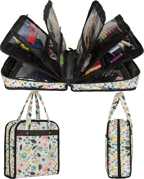 PACMAXI Sewing Accessories Storage Carrying Bag, Knitting, Craft Tools | Roomy Carrying Bag for Sewing Tools And Accessories with Various Types of Pockets (Flower with Beige Background)