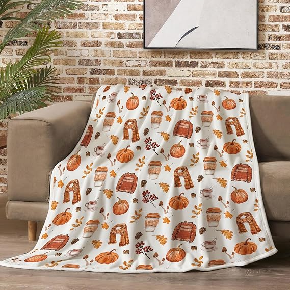 Fall Fleece Throw Blanket, Autumn Pumpkin Spice and Everything Nice with Books Wraps Coffees Lattes Pumpkins Pies Oversized, Soft Blanket for Couch,Cozy,Warm,Lightweight,50"X60"