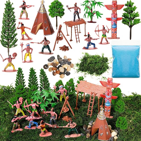 Canlierr 32 Pcs Native American Indians Figures Toys Set, Action Figure Diorama Cowboys Historical People Model Trees Scene Materials Kit for School Diorama Project Kids Educational Birthday Gift