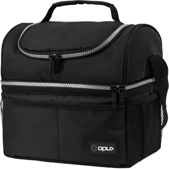 opux Insulated Lunch Bag for Men Women, Double Decker Leakproof, Black