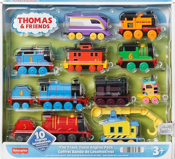 Thomas & Friends Diecast Toy Trains, The Track Team Engine Pack, 10 Push-Along Vehicles for Pretend Play Preschool Kids Ages 3+ Years