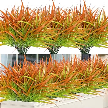 8pcs Artificial Grass Plants Outdoor Fake Grass Greenery Stems UV Resistant Faux Plastic Plants Shrubs for Autumn Decorations Home Window Garden Patio Box Pathway Front Porch Spring Decor