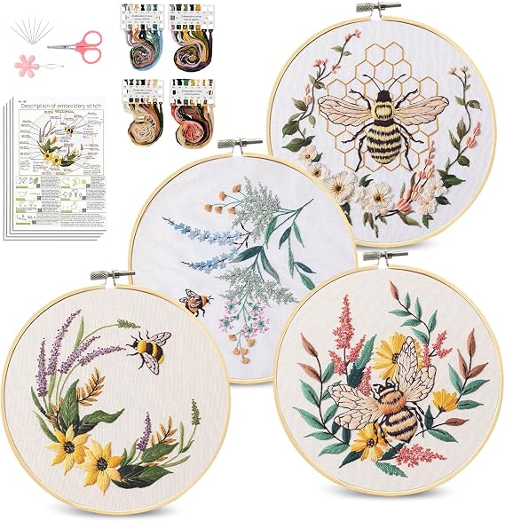 Santune 4 Pack Embroidery Kit for Beginners,Needlepoint Cross Stitch Kits for Adults,Needle Point Sets with Bee Flower Pattern Stitch Video Tutorial