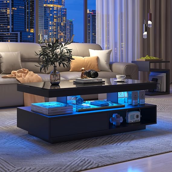 ModernLuxe LED High Gloss Lift Top Coffee Table with Storage, 2 Open Compartments and 2 Spacious Drawers, 4 Sophisticated Glass Inserts, Wooden Side Table for Living Room, Black, 95x50x42.5cm