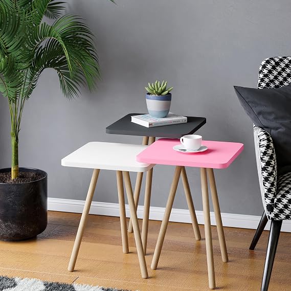 interGO-Color Triple Rigon Coffee Table Square Pastel Design with Wooden Legs (Pink, White, Gray)