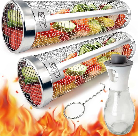 [Upgraded] Grill Basket 2 Pcs Size XXL, Dishwasher Safe Rolling Grilling Baskets for Outdoor Grilling, Stainless Steel BBQ Grill Basket for Veggies,
