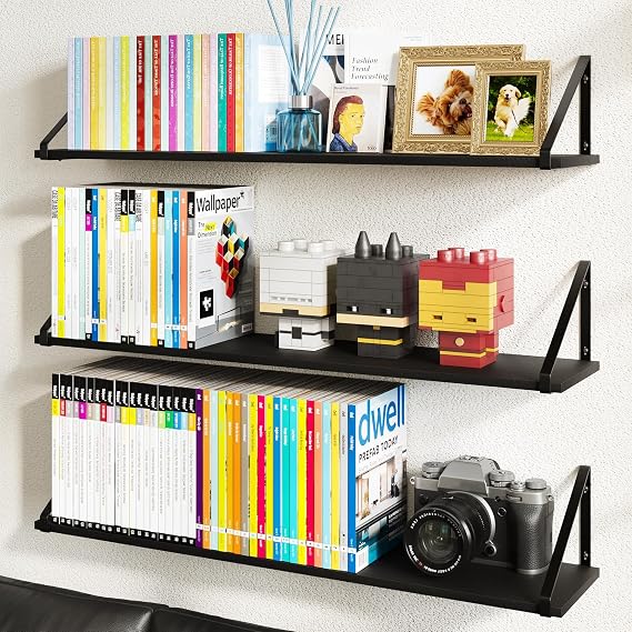 BAMEOS 91.4x19.5x1.2 CM Deeper Rustic Wood Floating Shelves - Set of 3, Wall Bookshelf for Living Room, Bedroom, Kitchen, Black Wall Decor Shelves, Large Storage Solutions