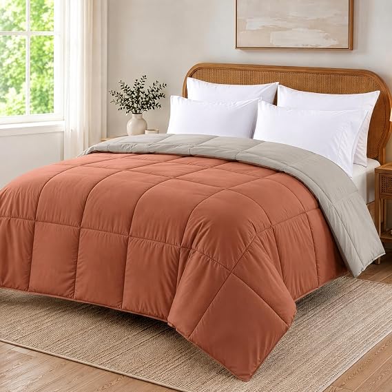 Modern Threads Comforter Duvet Insert, Reversible Quilted Down Alternative Comforter with Corner Tabs, All Season Bedding, King, Orange Rust/Beige