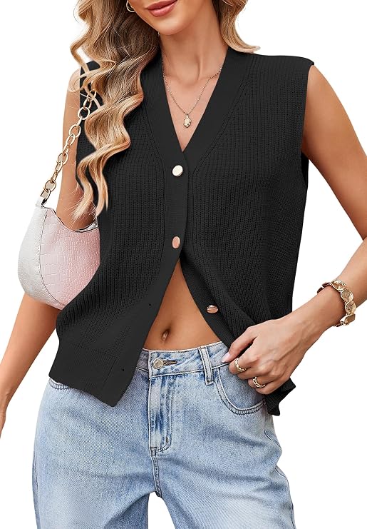 Womens Sweater Vest Button Down Sleeveless Cardigan Sweaters Knit Vest Top | V Neck,Button Front,vest cardigan,Fall Outfits,vest for women for office,everyday wear