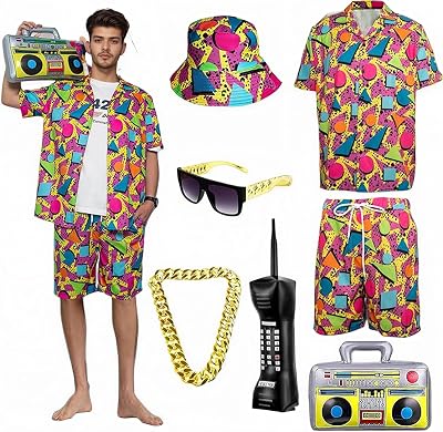 Fawnovey Mens 80s 90s Short Outfit, Summer 7 Pieces, Retro Shirts and Shorts Set with Gold Chain Sunglasses Rot,XL