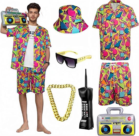 Men's 80s 90s Short Outfit, Summer 7 Pieces, Retro Shirts and Shorts Set with Gold Chain Sunglasses (Rot,L)