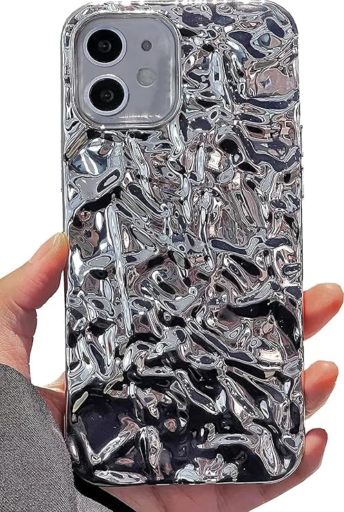 Compatible with iPhone 11 Case, Tin Foil Pleated Luxury Designer Electroplated Silver Chrome Hearts Case for Silicone Slim Fit Soft TPU Case for iPhone 11 (Silver)