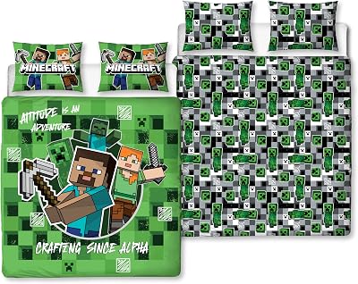 Character World Minecraft Official Double Duvet Cover Set | Block Check Gaming Design Reversible 2 Sided Bedding Including Matching Pillow Cases | Double Bed Set