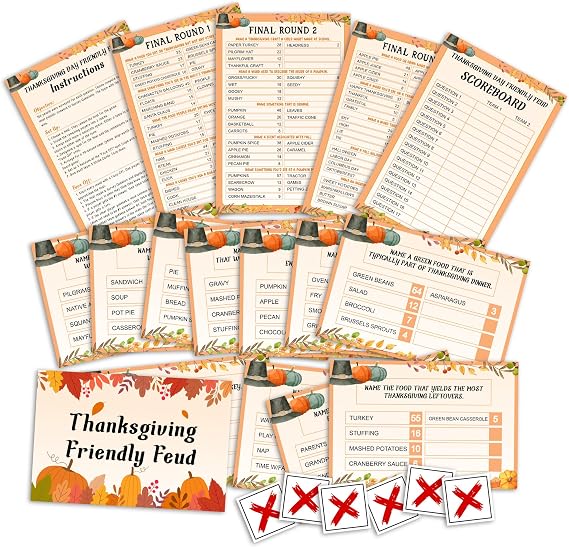 Thanksgiving Friendly Feud Games for Adults, Friendsgiving Games for Family Large Group, Thanks Giving Pumpkin Trivia Card Game, Fall Party Decorations -B03