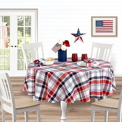 Lintex Home Bargains Plus Americana Round Fabric Tablecloth, 70 Inch, Patriotic Celebration, Red White and Blue Plaid Fabric Table Cover, Buffet Dining