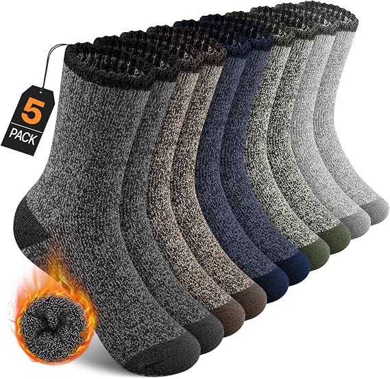 UUMIAER 5 Pairs Merino Wool Socks for Men, Thermal Wool Hiking Thick Socks | Super thick thermal merino wool fabric, 5 pairs multi pack cushioned crew socks for cold winter hiking outdoor daily wear