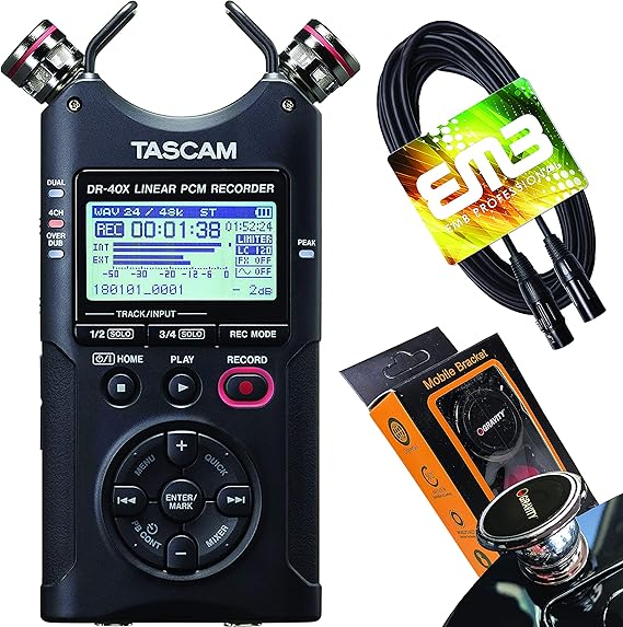 TASCAM DR-40X 4-Channel Handheld Recorder and 2-in/2-out USB Audio Interface with EMB Cable and Gravity Magnet Phone Holder Bundle