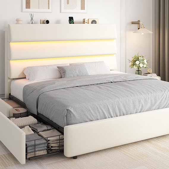 Jocoevol Queen Size Bed Frame with 2 Flexible Storage Drawers and Headboard Shelf, Velvet Upholstered Platform Bed with LED Lights & Charging Station, Wooden Slats Support, No Box Spring Needed, Beige