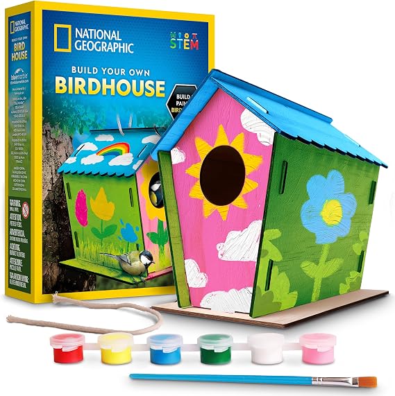 National Geographic Build Your Own Birdhouse Kit DIY Wooden Birdhouse Craft with Paints, Brush, Bird-Watching Journal & Educational Poster for Kids, Bird House Craft