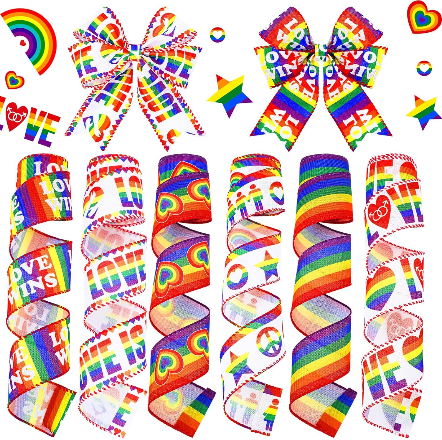 6 Rolls 30 Yards Rainbow Ribbon Colorful LGBTQ Pride Stripe Ribbons Love is Love Happy Gay Pride Day Decorative for Parade Wreath DIY Crafts Gift Wrapping Party Decor