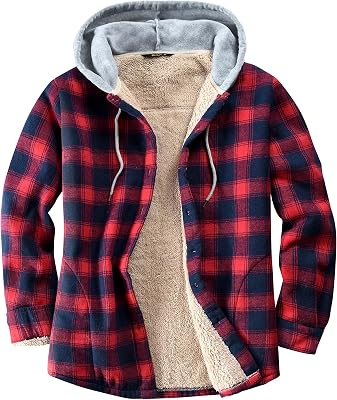 Womens Sherpa Lined Flannel Shirt Jacket Cotton Plaid Fleece Button Down Jackets with Hood for Women