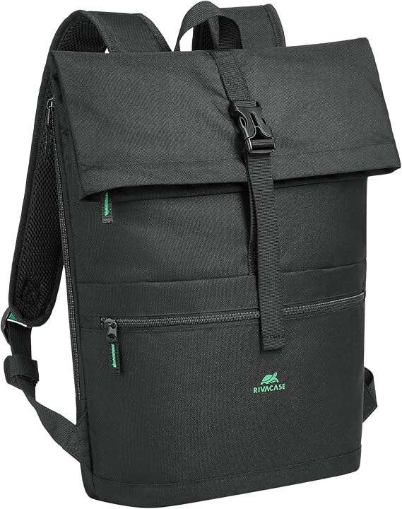 Rolltop Eco Backpack 15 L, Suitable for Laptops up to 15.6 Inches, Daypack Water-Repellent for Men and Women, black, 15L