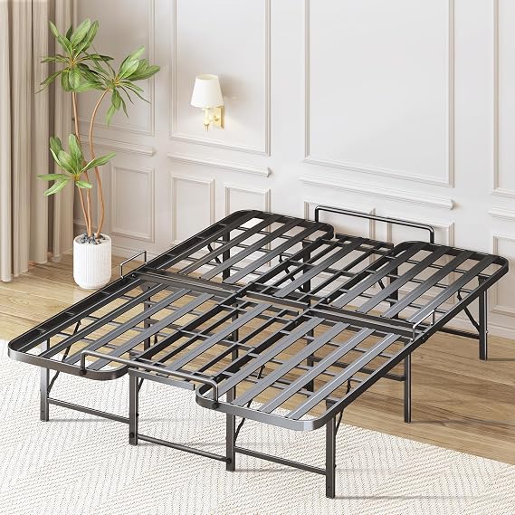 Foldable Queen Bed Frame, Heavy Duty Folding Bed Frame Queen Size,14 Inch Sturdy Metal Platform Bed with 12 Unshakable Legs, No Box Spring Needed, Tool-Free Assembly, 13" Under Bed Storage, Black