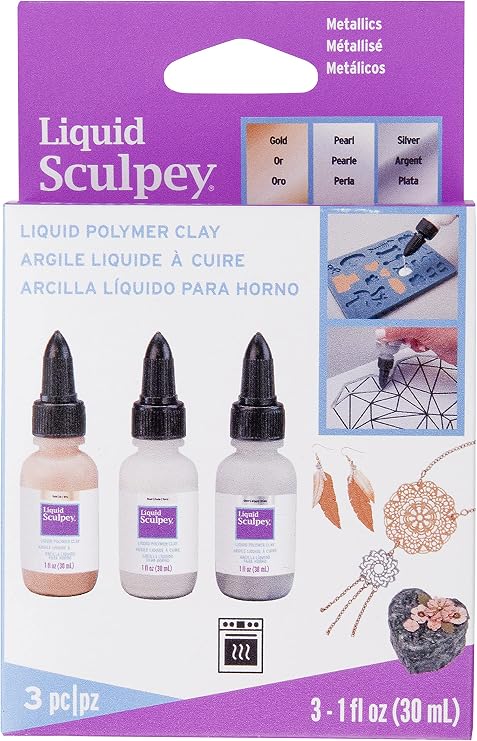Polyform Liquid Sculpey Liquid Polymer Oven-Bake Clay, Metallic Sampler Pack, Three 1 oz. bottles included, Gold, Pearl and Silver, Great for jewelry, holiday, DIY