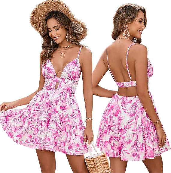 Parthea Women's Summer Boho Floral Mini Dress Spaghetti Strap V Neck Floral A Line Beach Vacation Cute Casual Dresses