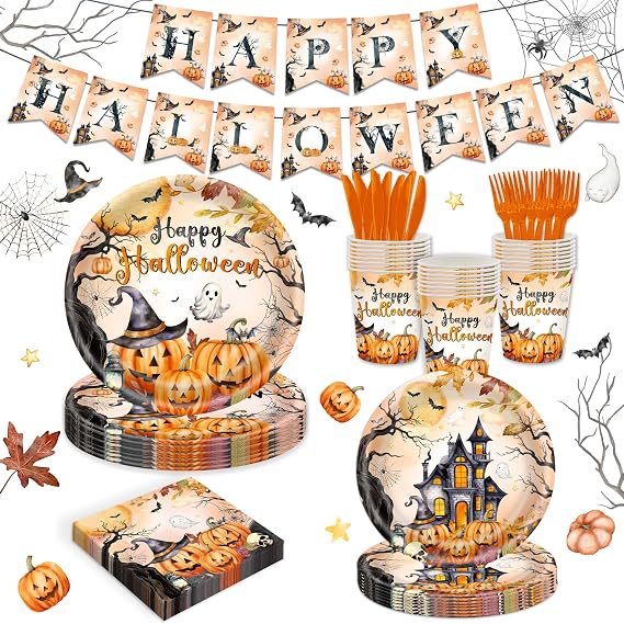 123PCS Halloween Party Supplies For autumn Party Decorations haunted house Disposable Tableware with Pumpkin Decorations for 20 Guests